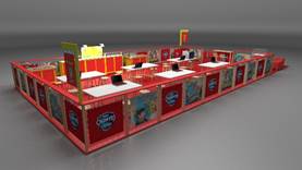 Projeto em computação gráfica de um espaço com mesas e computadores cercado por placas com o logo de Chamyto.